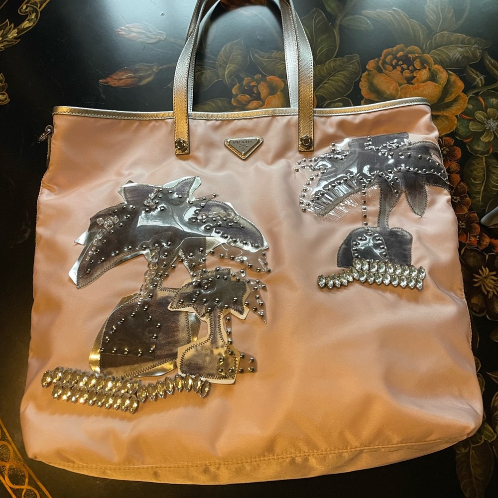 Prada Pink and Silver Palm Tree Tote Bag